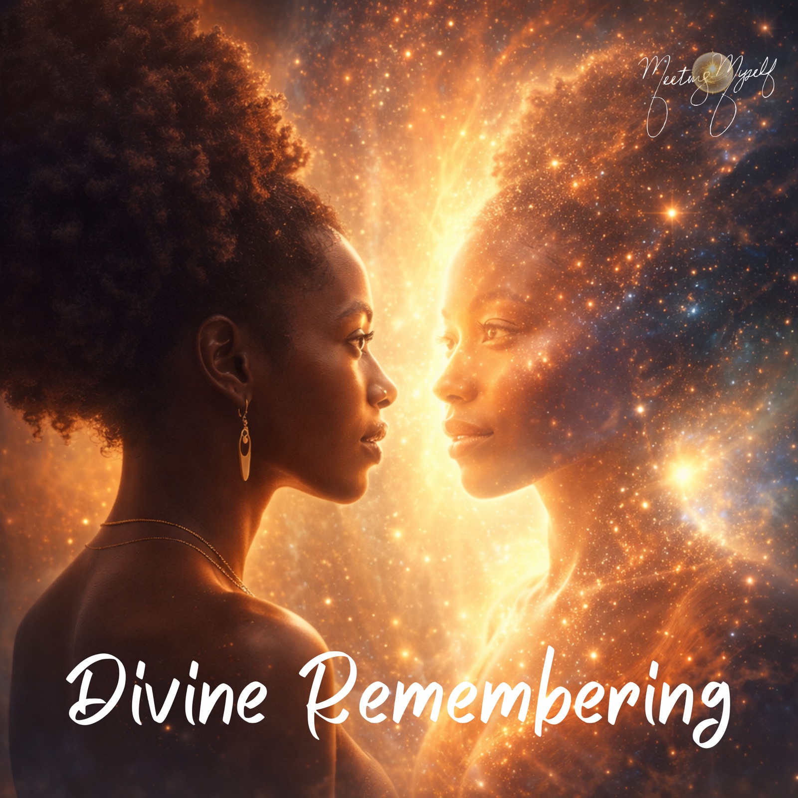 Divine Remembering album cover: two figures meeting amid warm celestial light